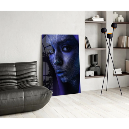 Glittery blue purple portrait wall art canvas print in modern interior