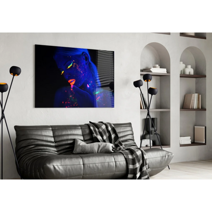 Glowing neon UV blacklight wall art canvas print with vibrant portrait