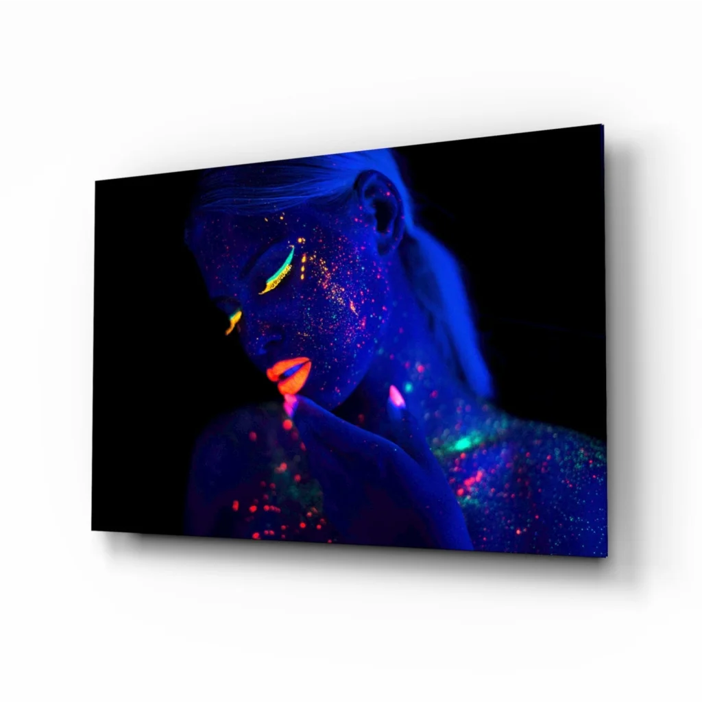 Glowing neon UV blacklight wall art canvas print of woman with sparkly makeup
