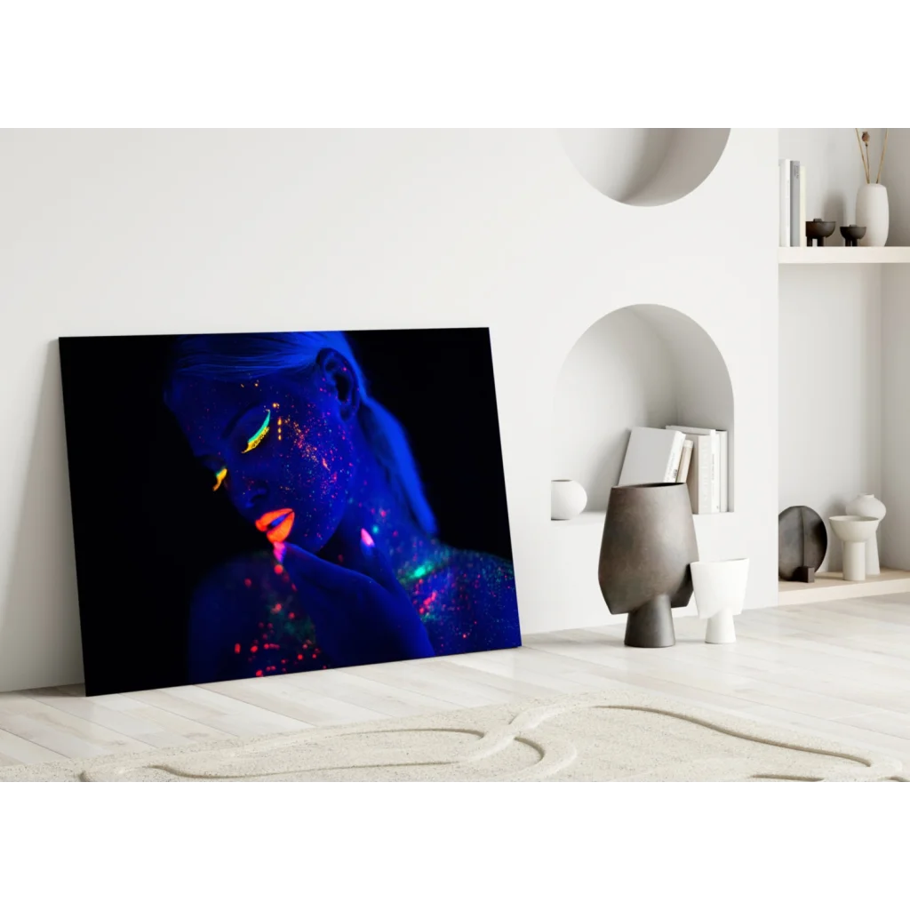 Vibrant neon UV blacklight wall art canvas with glowing blue skin woman