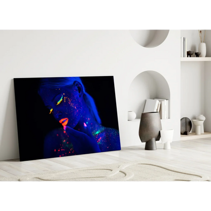 Vibrant neon UV blacklight wall art canvas with glowing blue skin woman