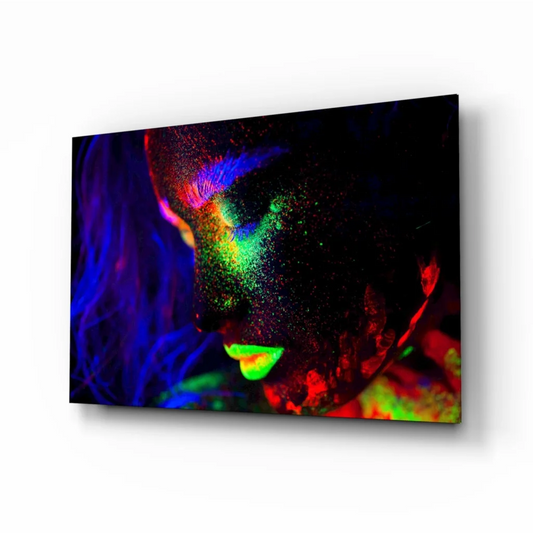 Vibrant neon glow face glass wall art canvas in rainbow hues