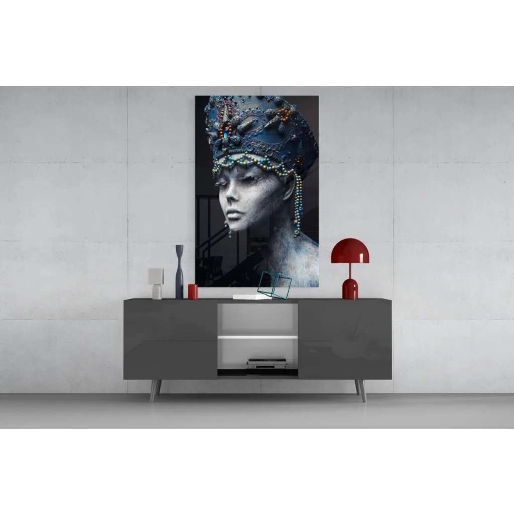 Striking black-and-white portrait of regal queen in jeweled crown glass wall art