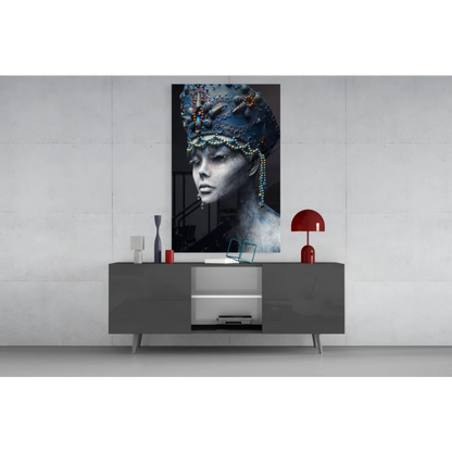 Striking black-and-white portrait of regal queen in jeweled crown glass wall art