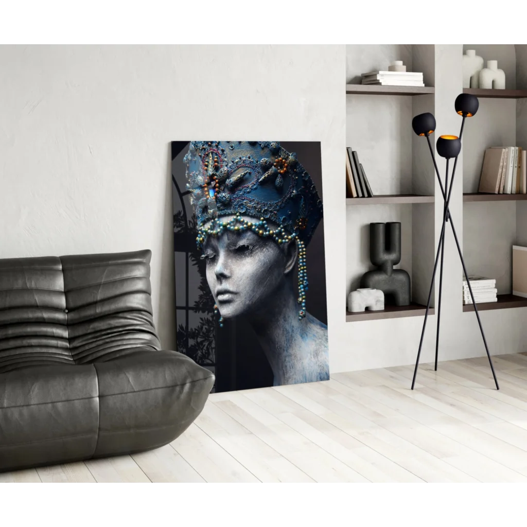Striking black-and-white glass wall art of regal queen with jeweled crown