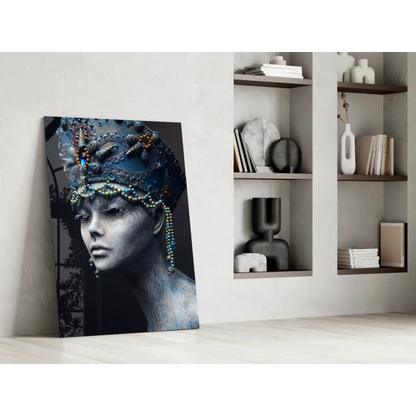 Regal queen glass wall art with bejeweled crown headdress in blue gold