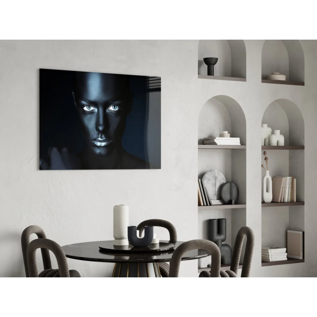 Striking black-and-white portrait wall art canvas with glowing eyes and metallic lips on white wall