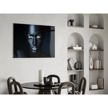 Striking black-and-white portrait wall art canvas with glowing eyes and metallic lips on white wall