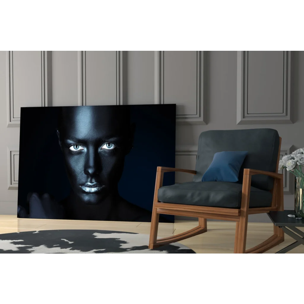 Black canvas portrait of woman with glowing white eyes and metallic silver lips wall art