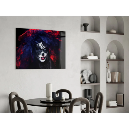 Vibrant Sugar Skull Beauty glass wall art with crimson feathers