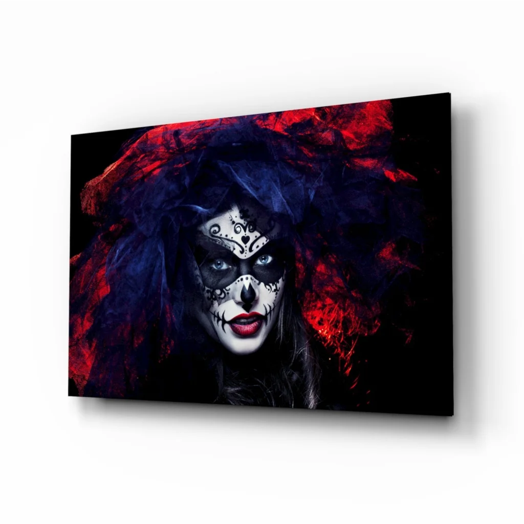 Sugar Skull Beauty Glass Wall Art with Crimson Feathers | Insigneart USA | vintageantiquesgifts.com