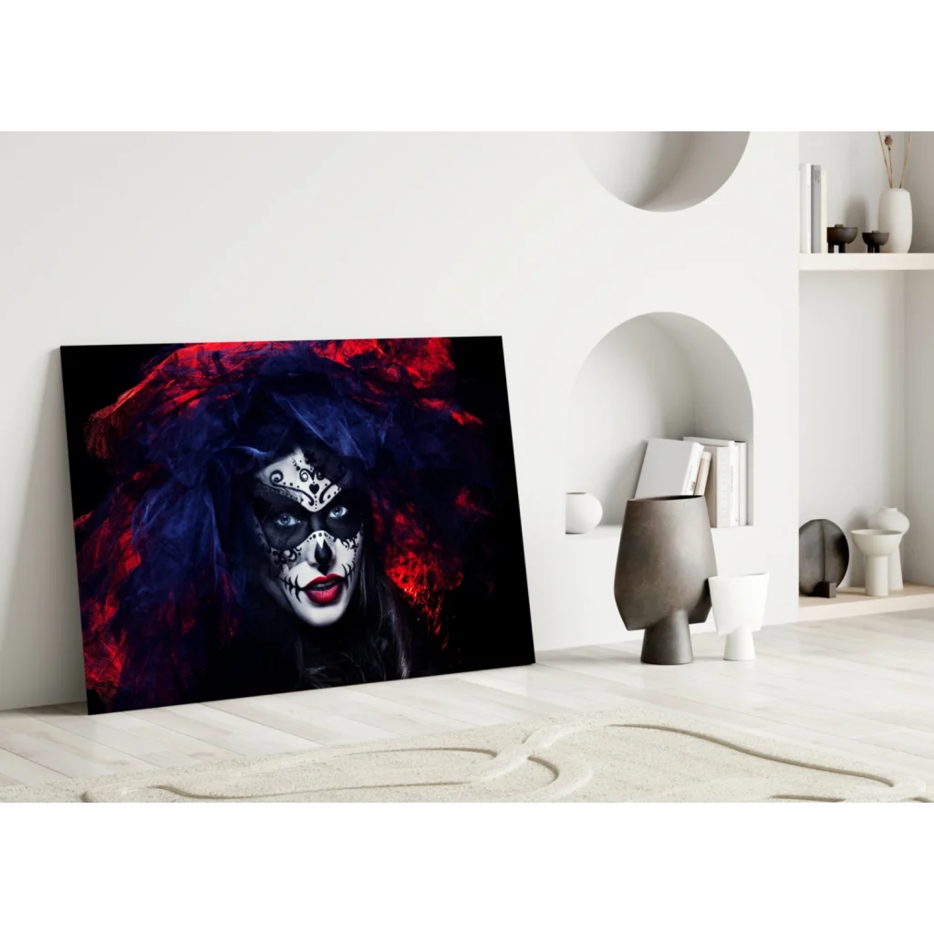 Sugar Skull Beauty Glass Wall Art with Crimson Feathers | Modern Wall Art Decor | vintageantiquesgifts.com