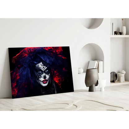 Sugar Skull Beauty Glass Wall Art with Crimson Feathers | Modern Wall Art Decor | vintageantiquesgifts.com