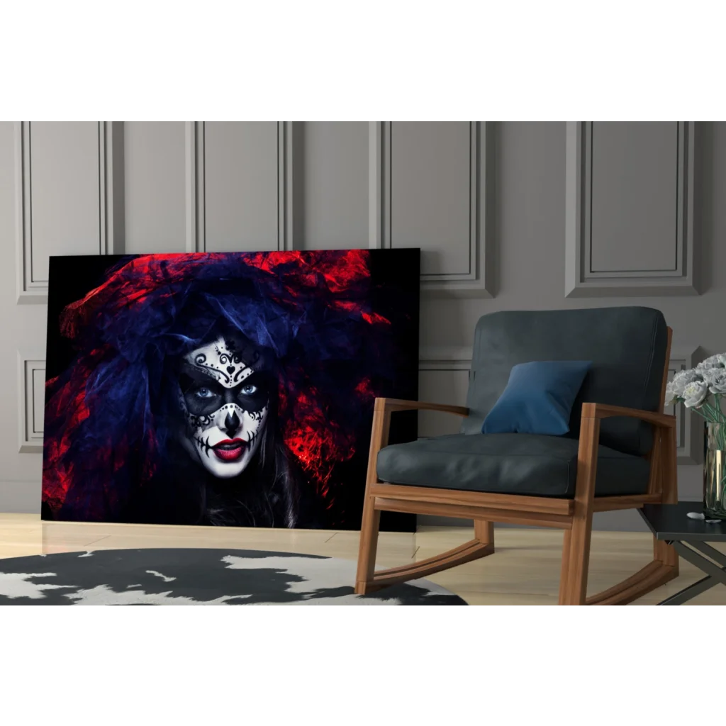 Striking Sugar Skull Beauty glass wall art with crimson feathers