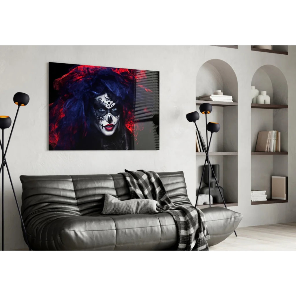 Sugar Skull Beauty Glass Wall Art with Crimson Feathers | Contemporary Home Wall Art | vintageantiquesgifts.com