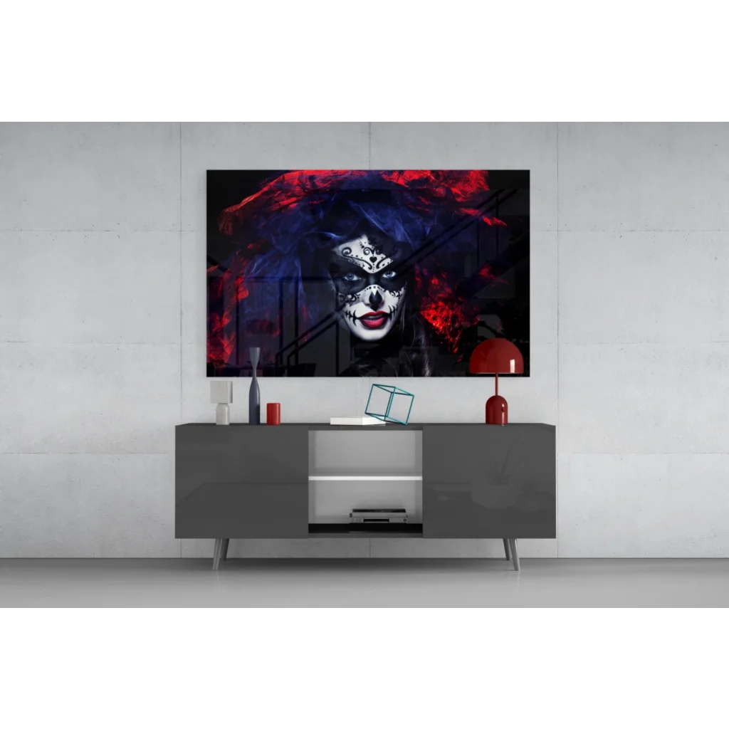 Striking Sugar Skull Beauty glass wall art with crimson feathers