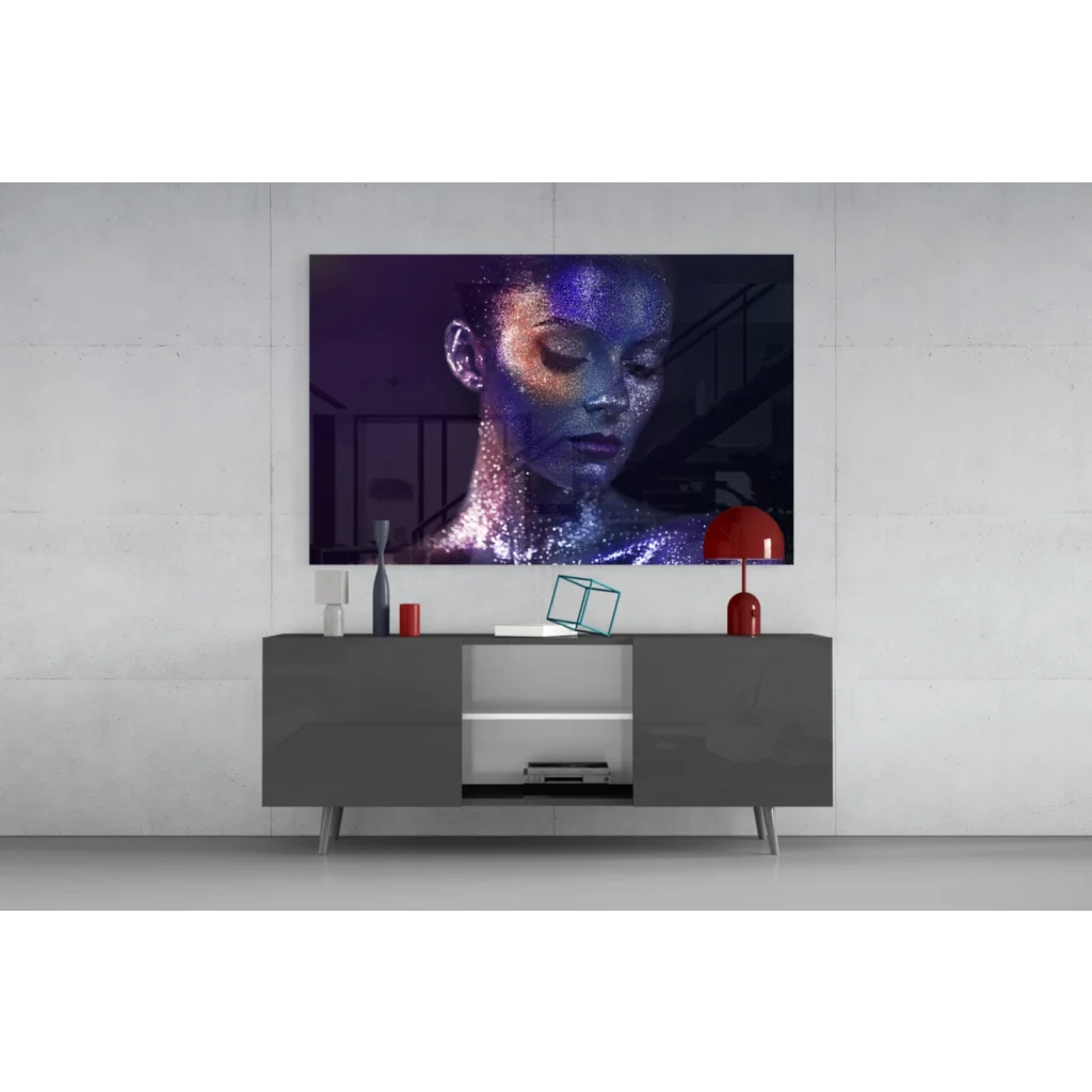 Vibrant glass wall art portrait of woman with blue gold accents