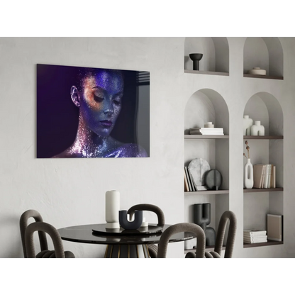 Iridescent woman in purple-blue hues on stunning glass wall art canvas print