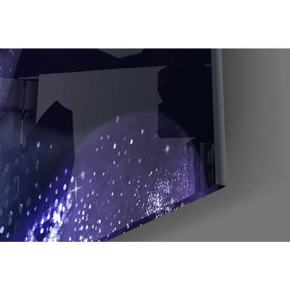 Purple starry night glass wall art with glittering sparkles and dark silhouettes