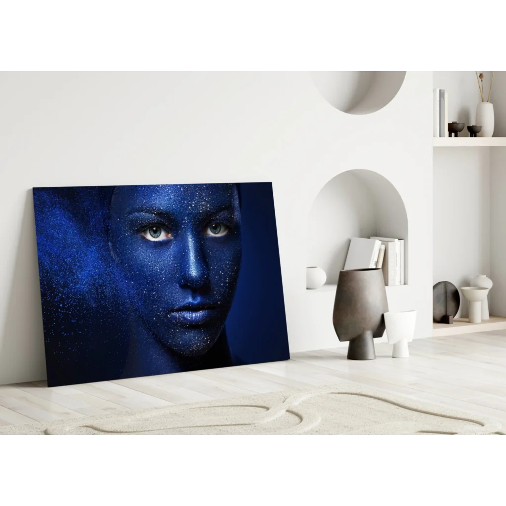 Stunning blue starry glitter face canvas wall art print