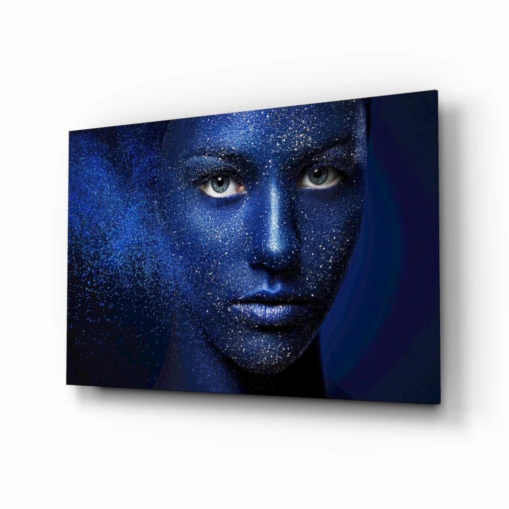 Sparkling blue glitter face portrait canvas wall art with starry texture