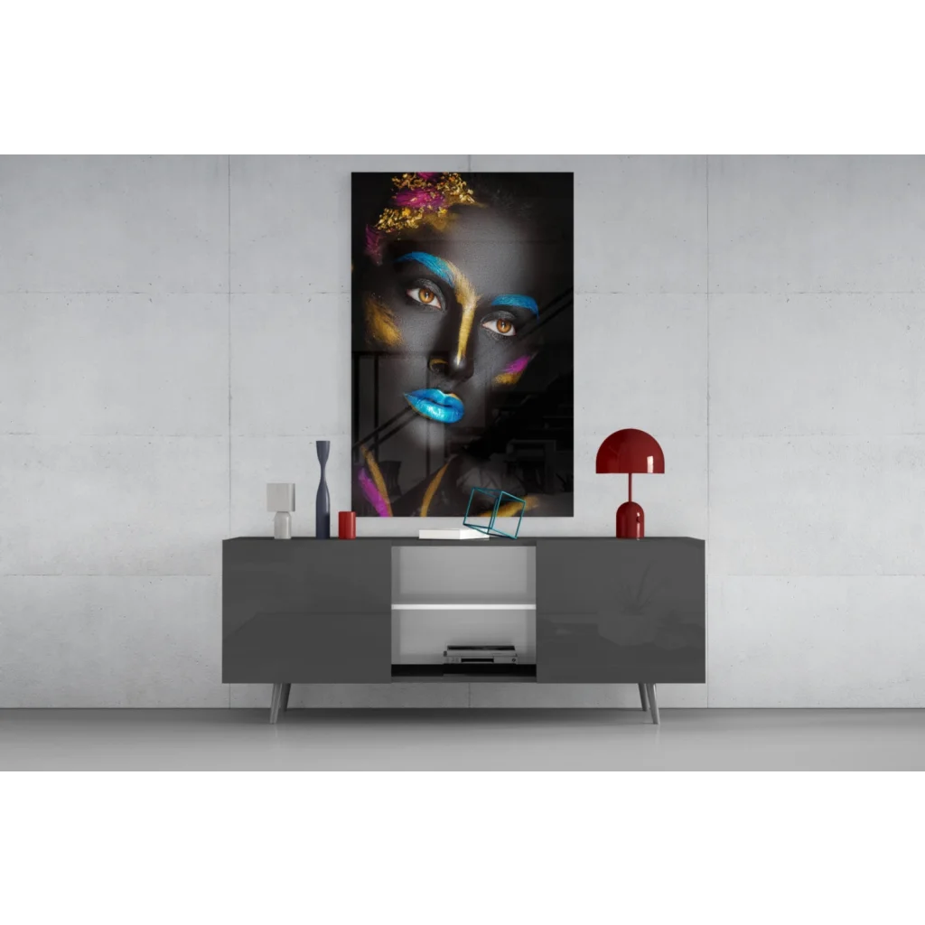 Bold abstract face paint wall art canvas with blue lips, gold pink accents on dark background