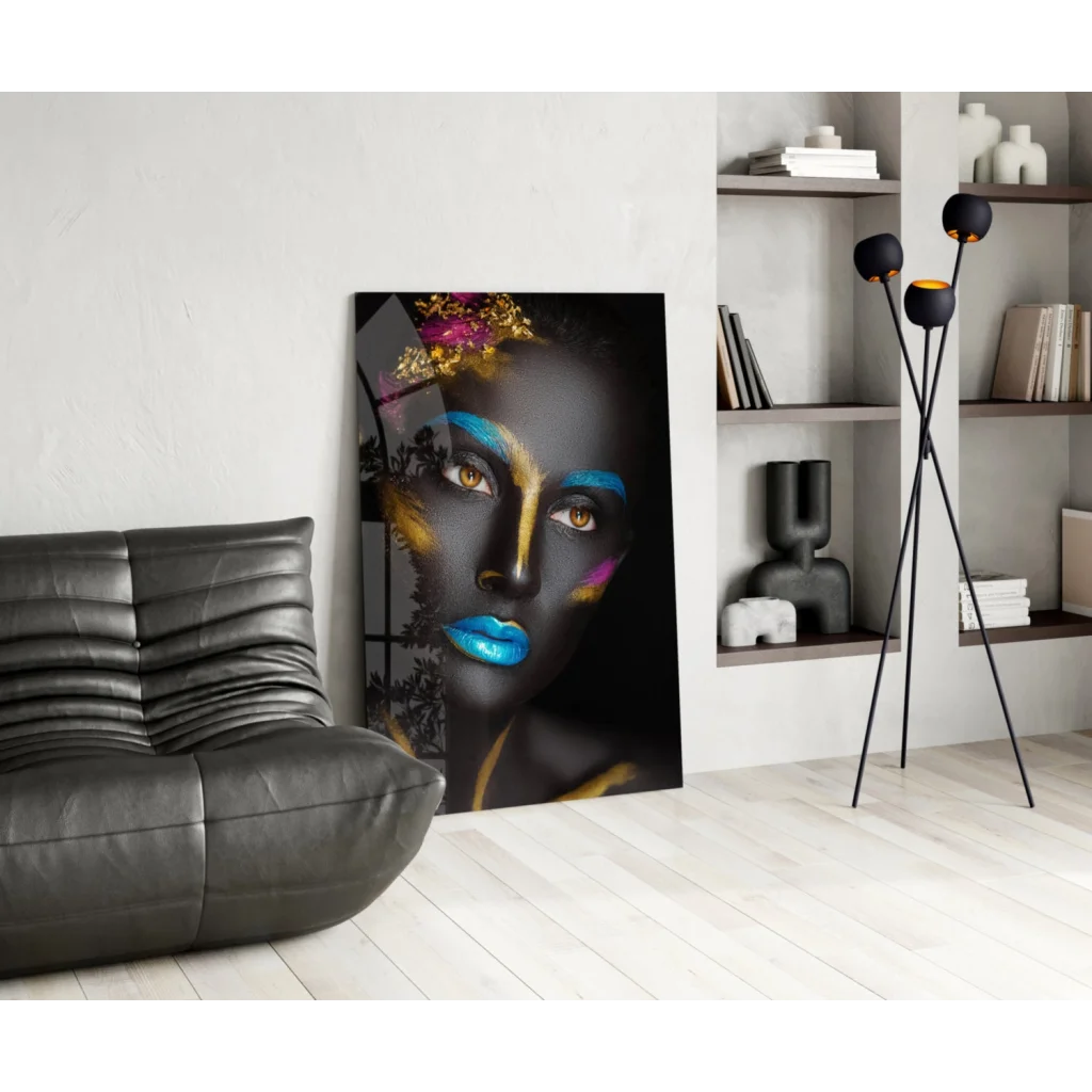 Bold abstract face paint canvas wall art with woman in blue lips and gold turquoise accents