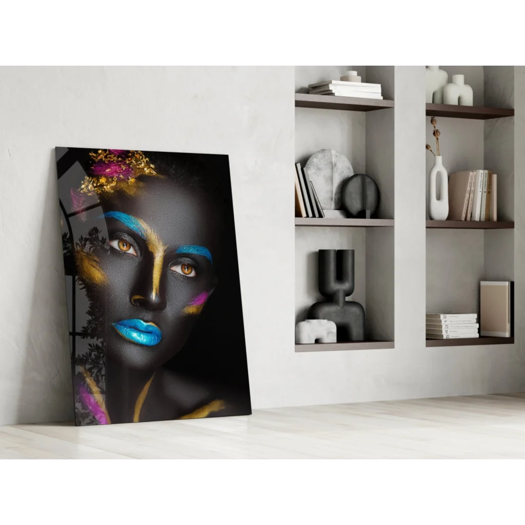 Vibrant abstract portrait wall art of black-skinned woman with blue lips and gold turquoise accents