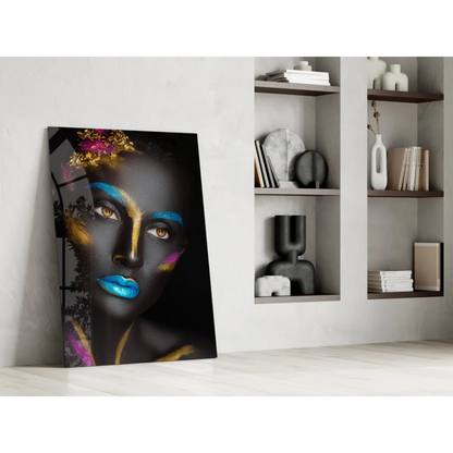 Vibrant abstract portrait wall art of black-skinned woman with blue lips and gold turquoise accents