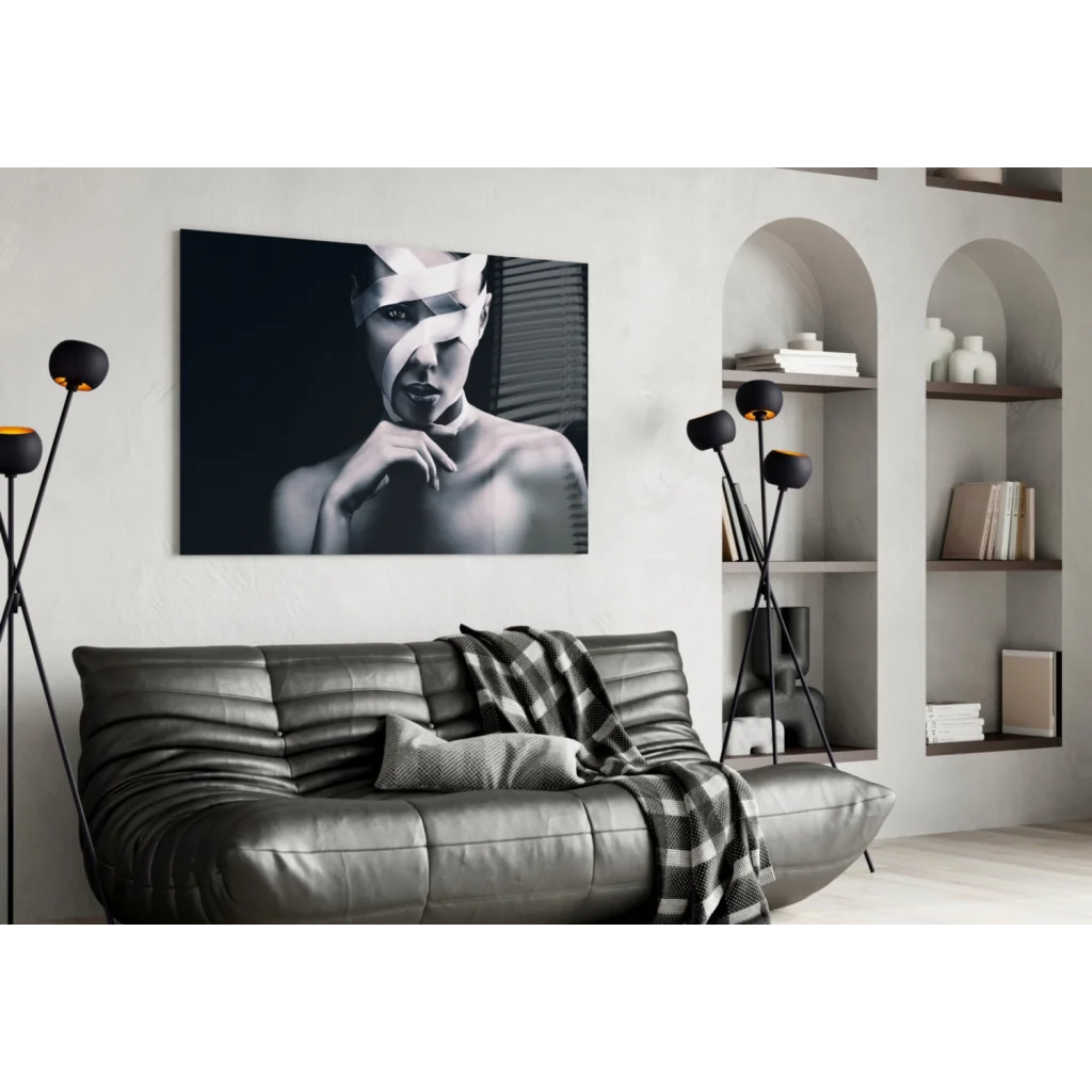 Black-and-white bandaged woman portrait glass wall art canvas print