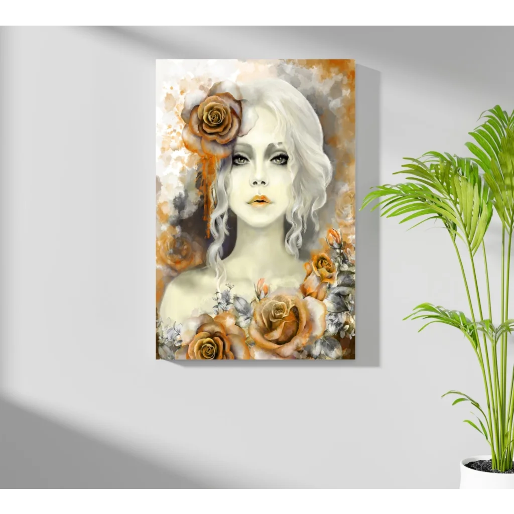 Golden Rose Portrait woman with white hair and orange roses on Insigne aluminum prints
