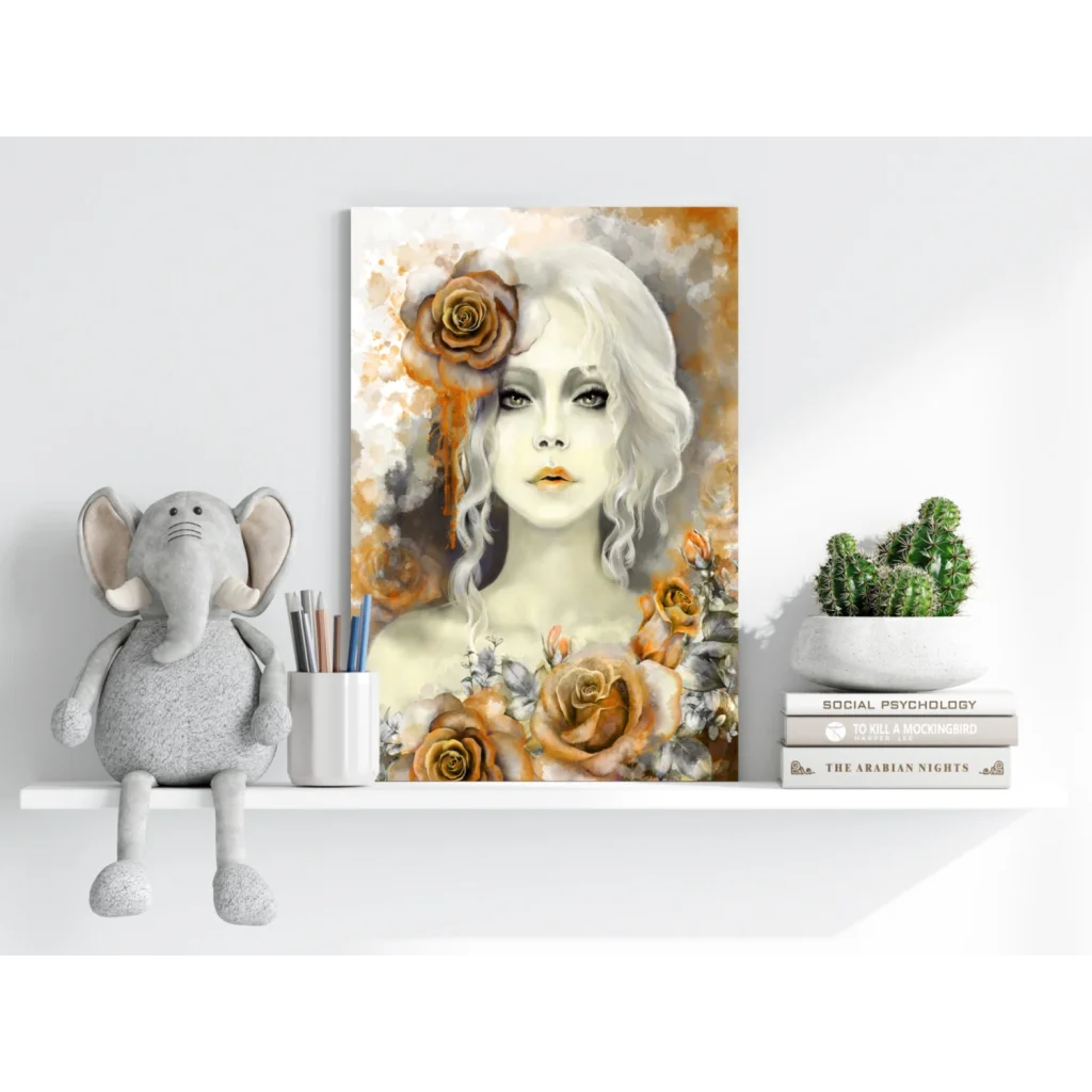 Golden Rose Portrait woman with white hair and orange roses on Insigne Aluminum Prints