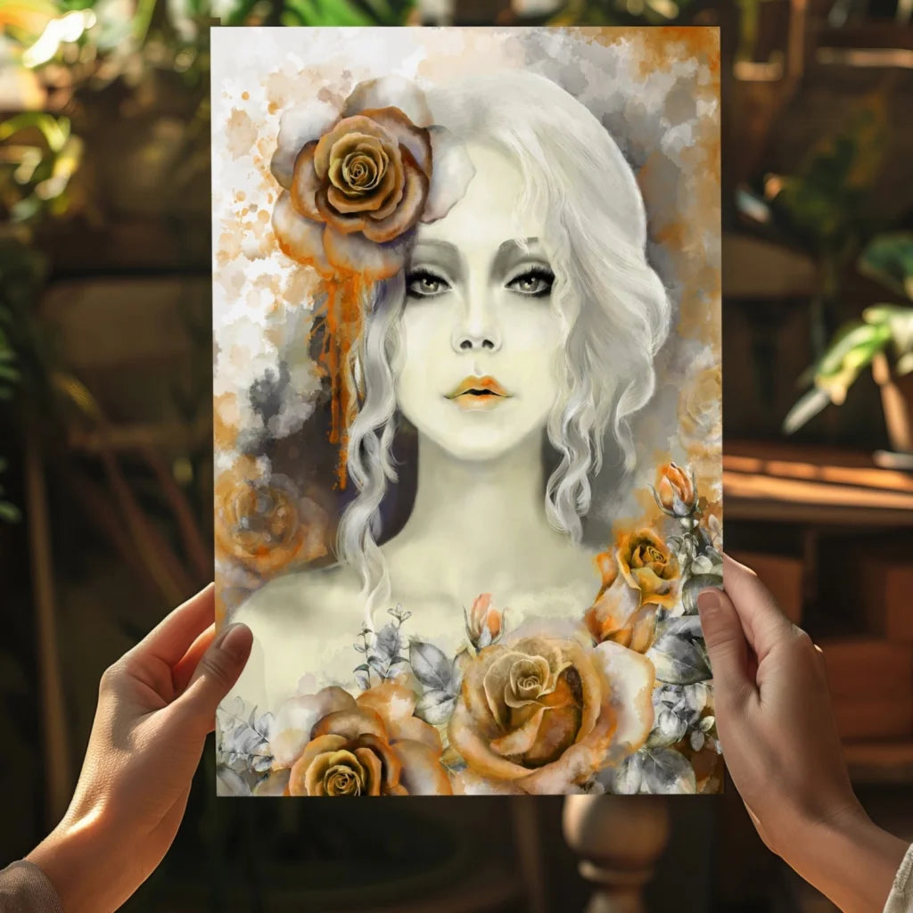 Stylized white-haired woman with golden roses on Insigne Aluminum Print