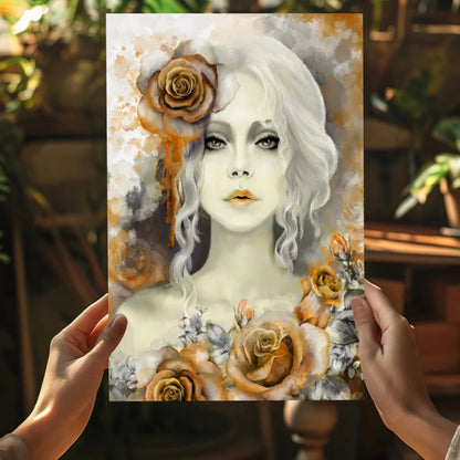 Stylized white-haired woman with golden roses on Insigne Aluminum Print