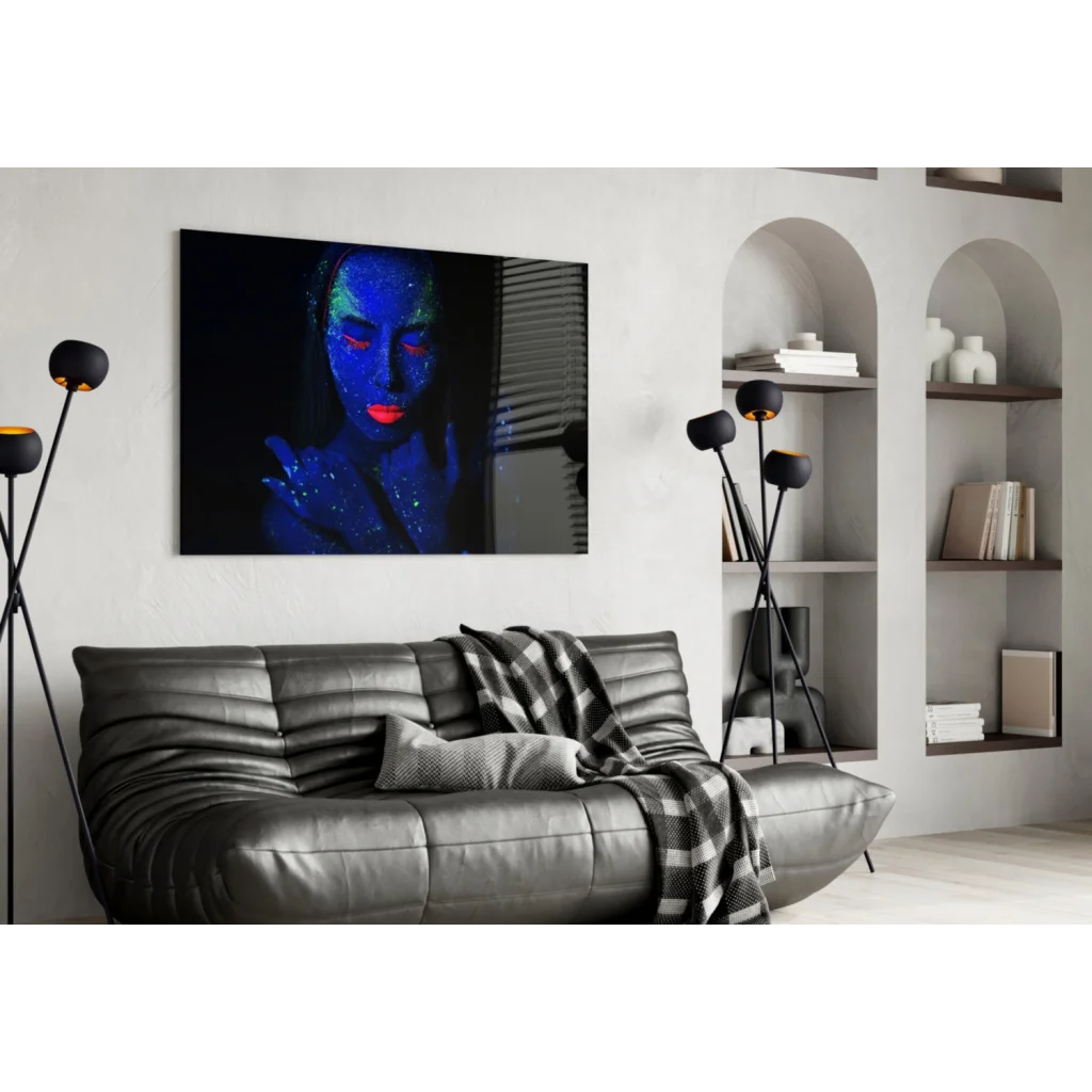 Glowing Neon Woman Canvas Wall Art With Blue Glitter Makeup | Contemporary Home Wall Art | vintageantiquesgifts.com