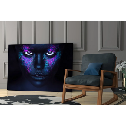 Striking cosmic glitter face wall art canvas with purple blue glow eyes