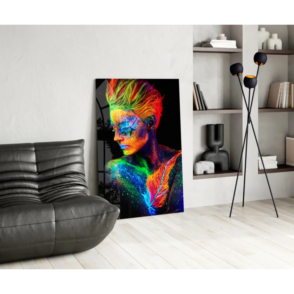 Vibrant neon woman with rainbow makeup on glass wall art print