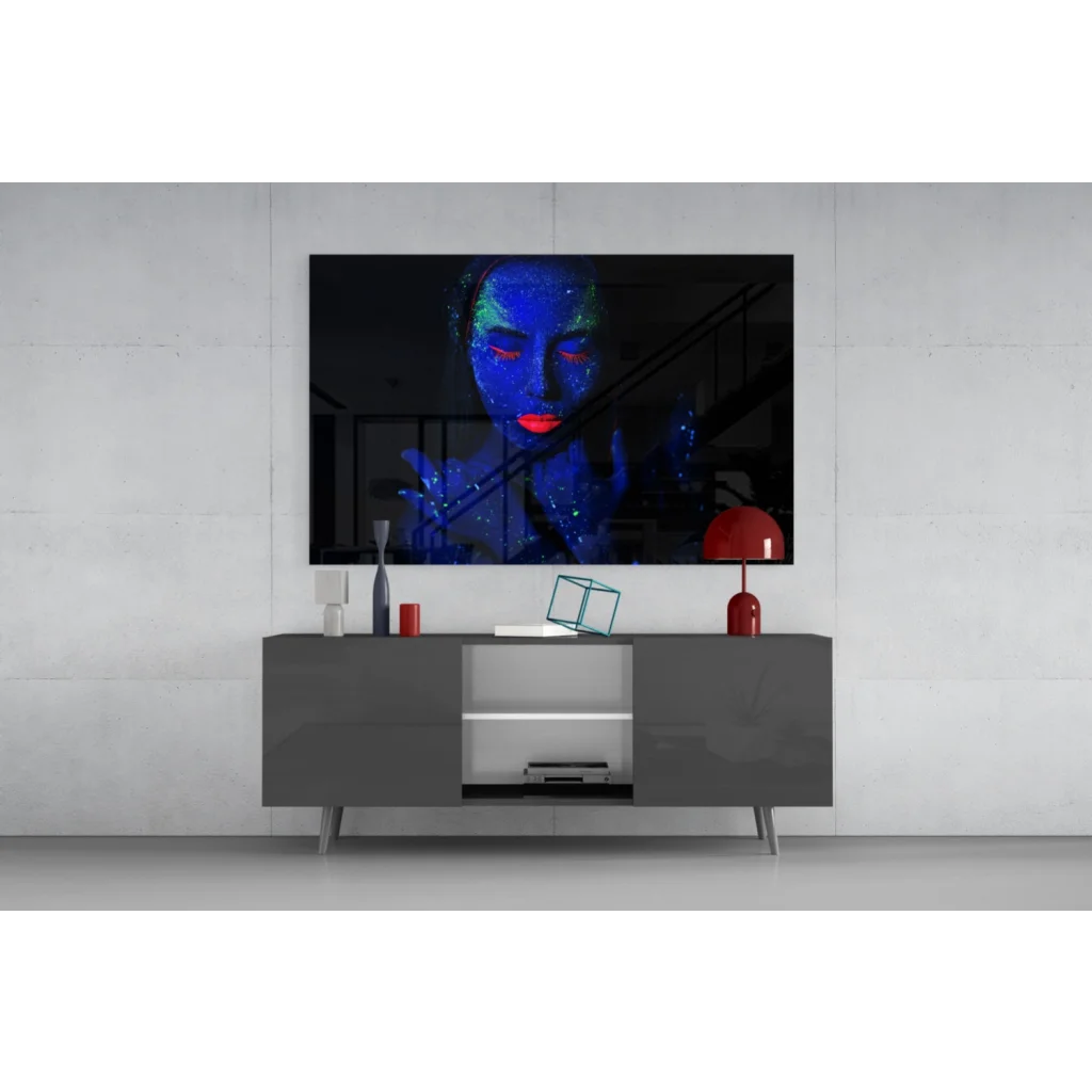 Glowing neon woman wall art with blue glitter makeup on canvas