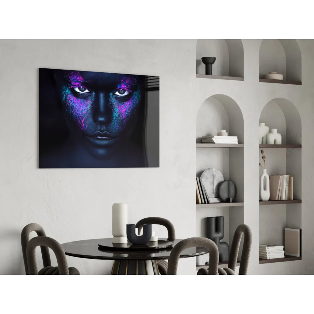 Cosmic Glitter Face canvas wall art with purple blue glow