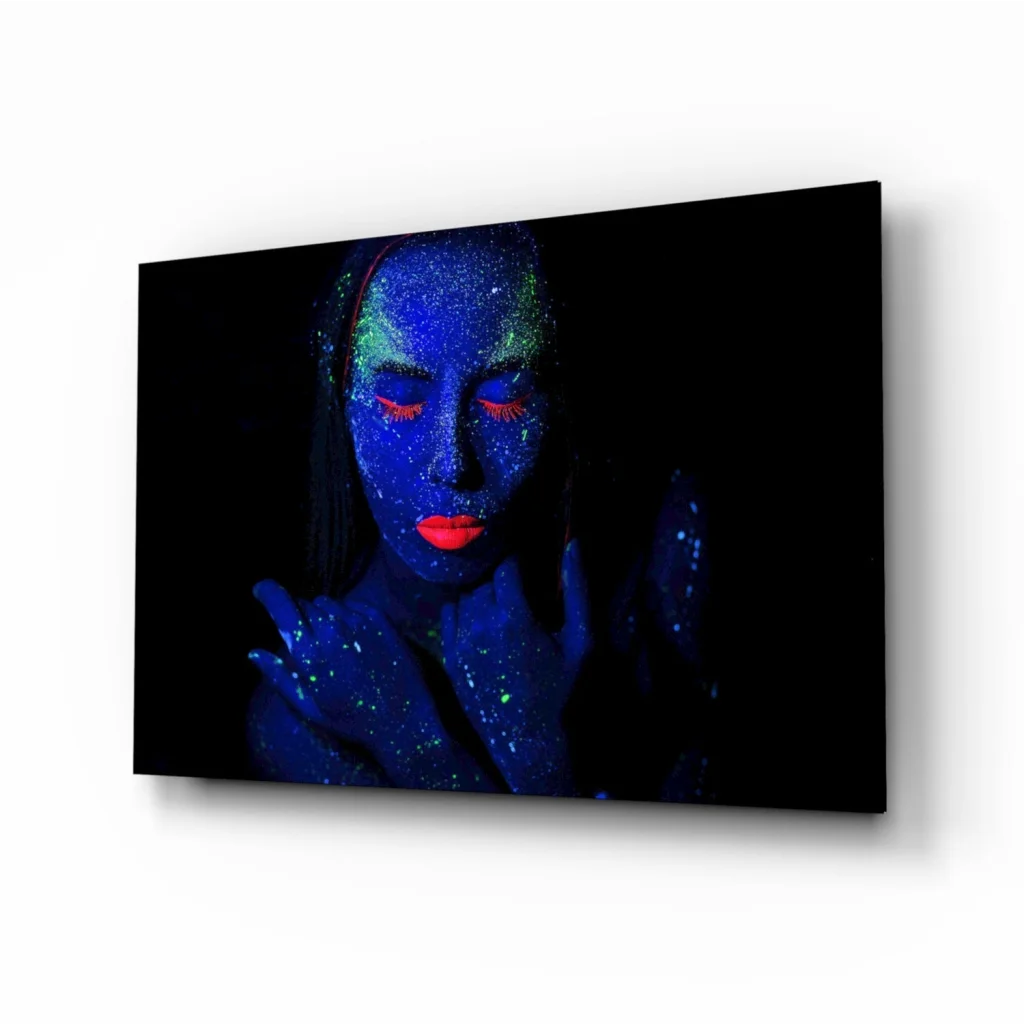 Glowing Neon Woman Canvas Wall Art With Blue Glitter Makeup | Insigneart USA | vintageantiquesgifts.com