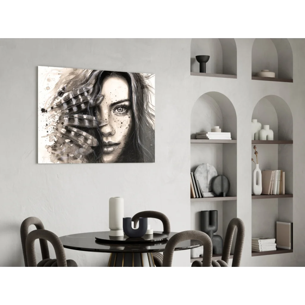 Black-and-white feathered beauty abstract portrait wall art canvas