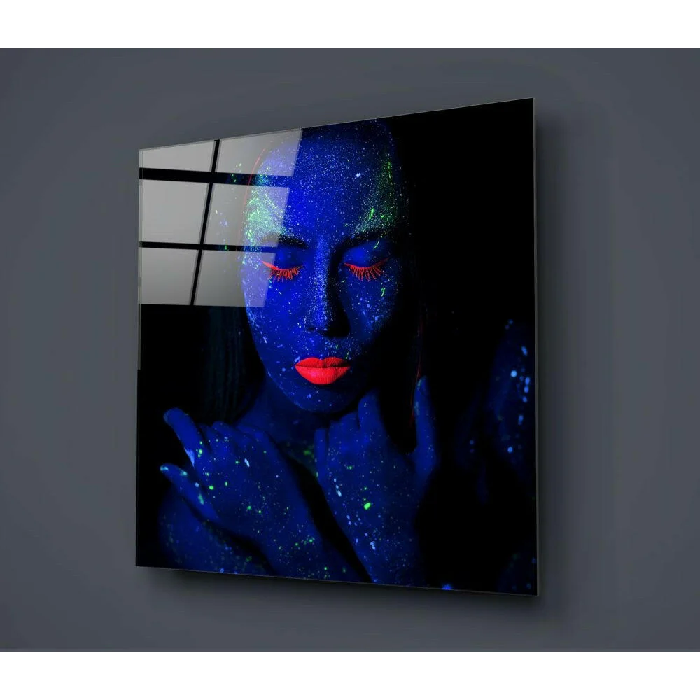 Glowing Blue Face Glass Wall Art with Neon Blacklight Effect | Glass Wall Art Print | vintageantiquesgifts.com