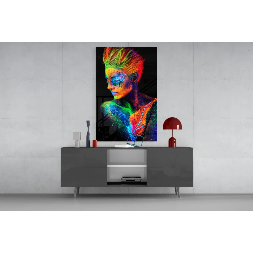 Vibrant neon glass wall art portrait of woman with glowing multicolored makeup