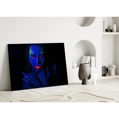 Glowing Neon Woman Canvas Wall Art With Blue Glitter Makeup | Modern Wall Art Decor | vintageantiquesgifts.com