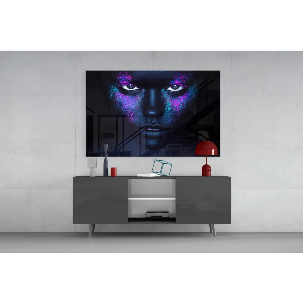 Cosmic Glitter Face glass wall art with purple blue glow
