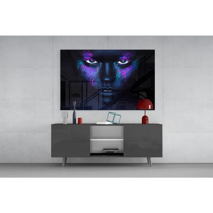 Cosmic Glitter Face glass wall art with purple blue glow