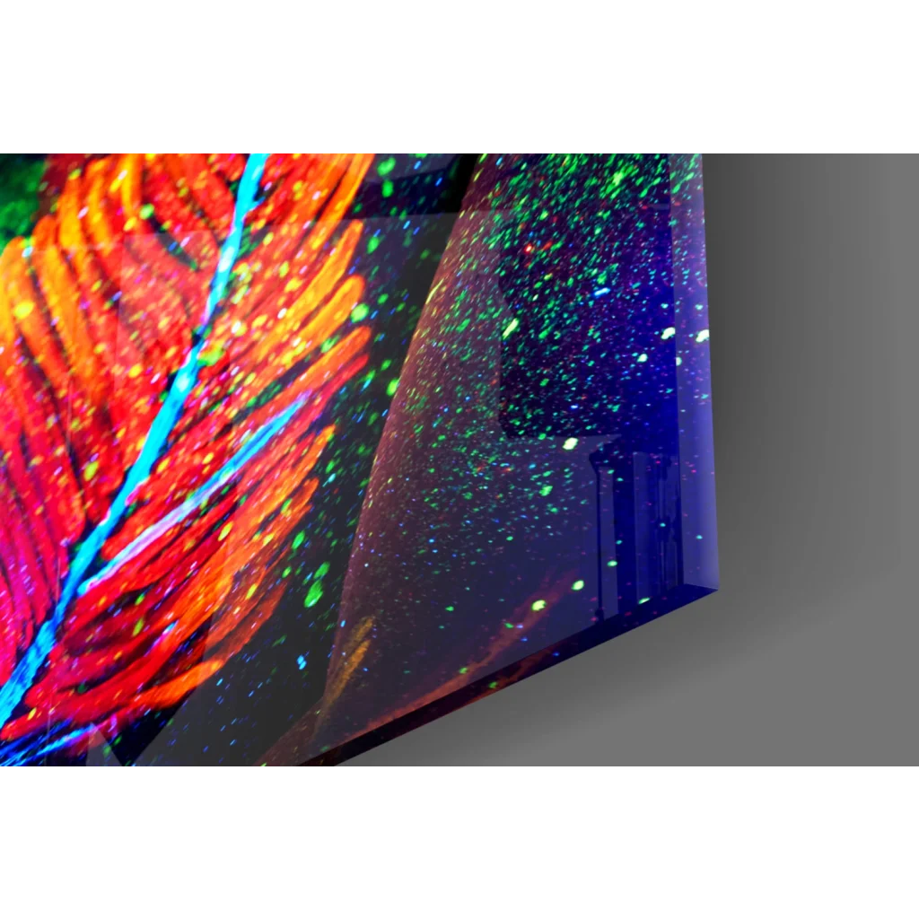 Vibrant glass wall art with curved screen and glowing orange feather patterns