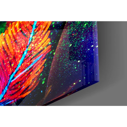Vibrant glass wall art with curved screen and glowing orange feather patterns