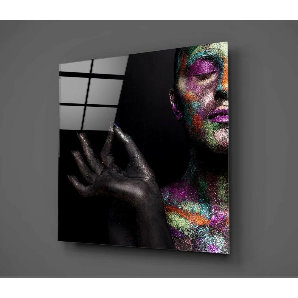 Vibrant glittery woman portrait on shimmering rainbow glass wall art