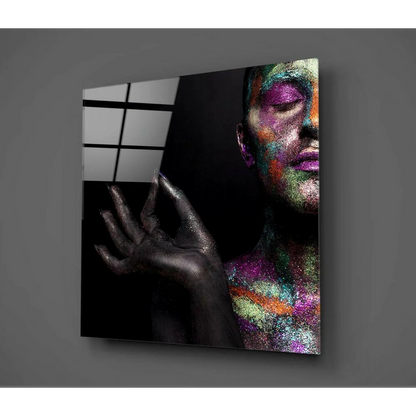 Vibrant glittery woman portrait on shimmering rainbow glass wall art